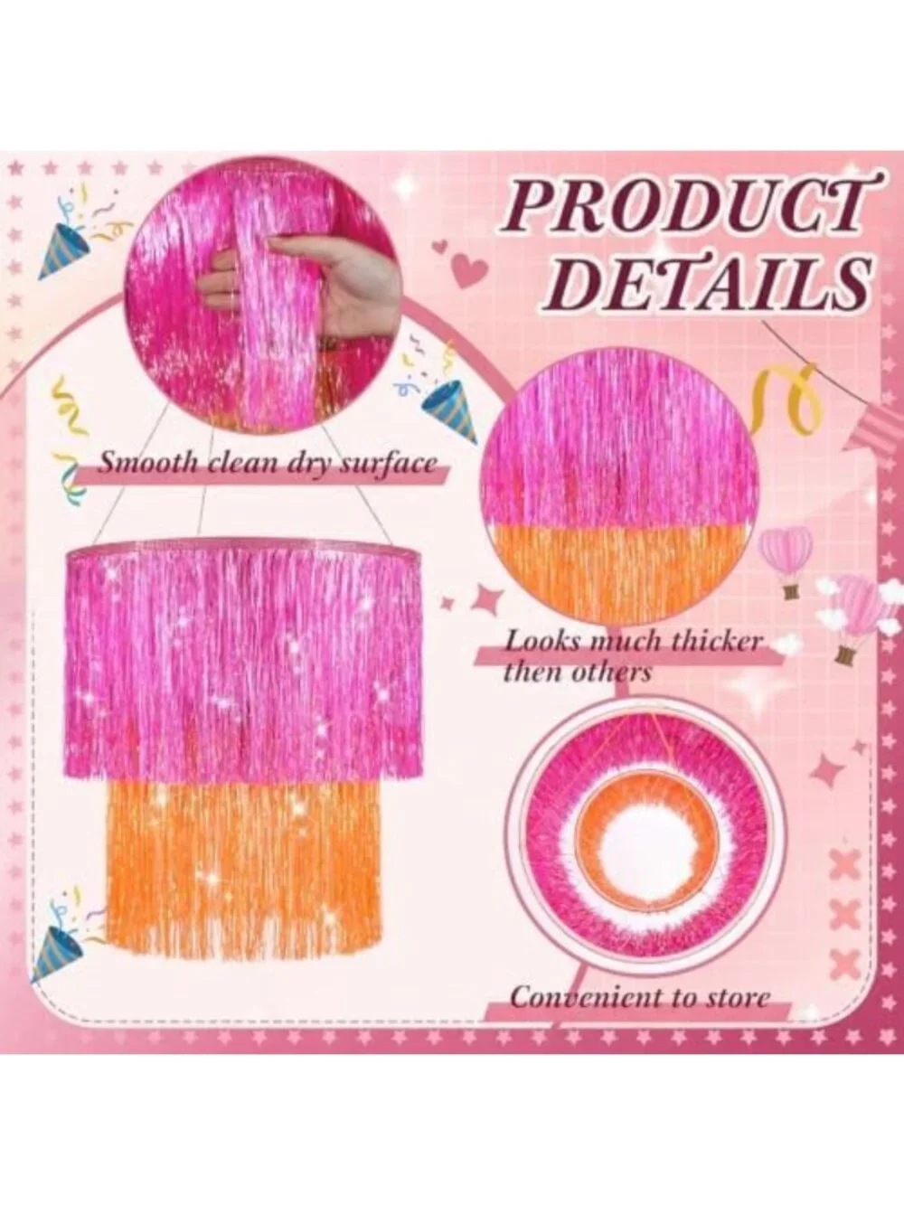 16” Pink Orange Disco Fringe Tinsel Chandelier - Vibrant Sunset Party Decor